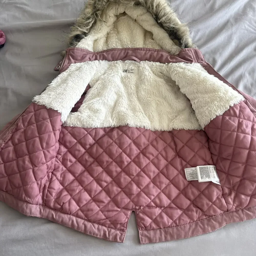 H&M Girls 3T Pink Hooded Puffer Jacket Faux Fur Trim Mid-Length Winter Outdoor